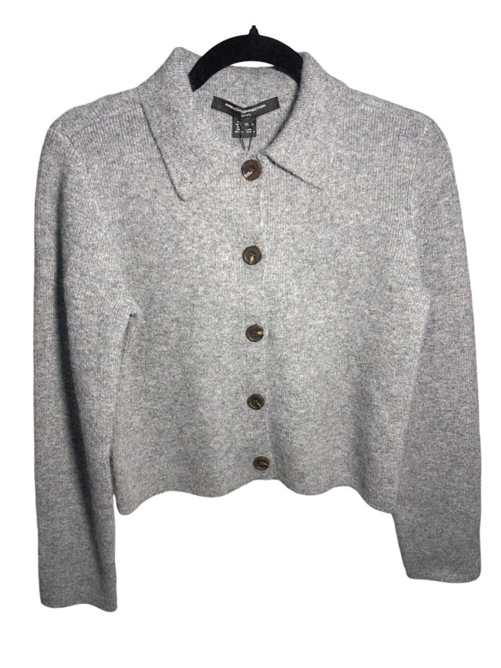 NWT French Connection Ellie Knit Collared Cardigan Mid Grey Mel XS MSRP $138